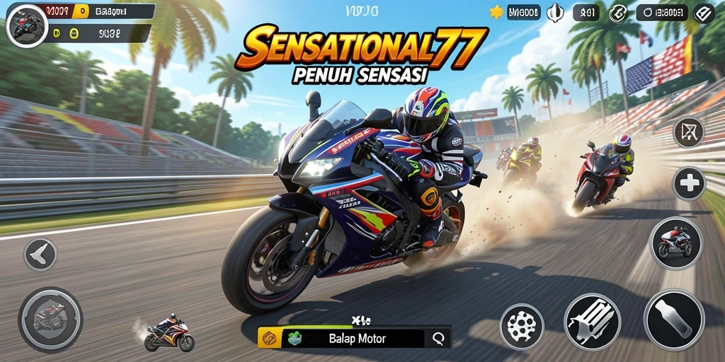 Antarmuka pengguna SENSATIONAL77 dengan tampilan balapan penuh aksi.